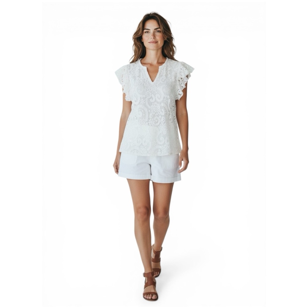 Nanette Lepore Ivory Lace Blouse L Ruffle Sleeve Romantic Doen Anthro Style